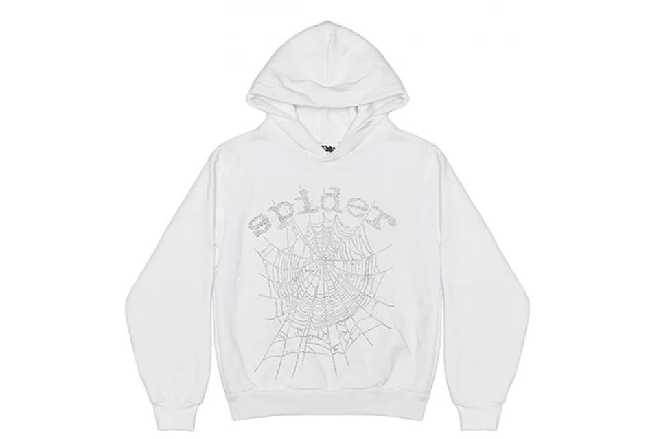 1:1 SP1DER OG Rhinestone Logo Hoodie White