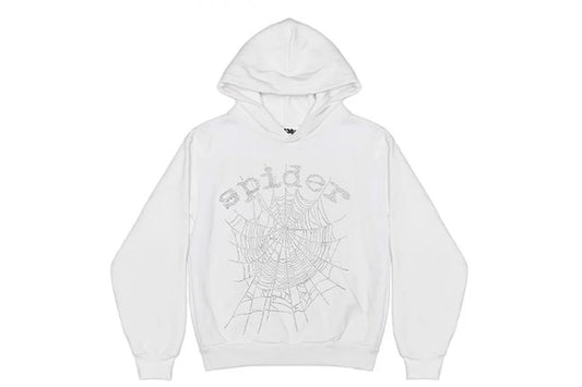 1:1 SP1DER OG Rhinestone Logo Hoodie White